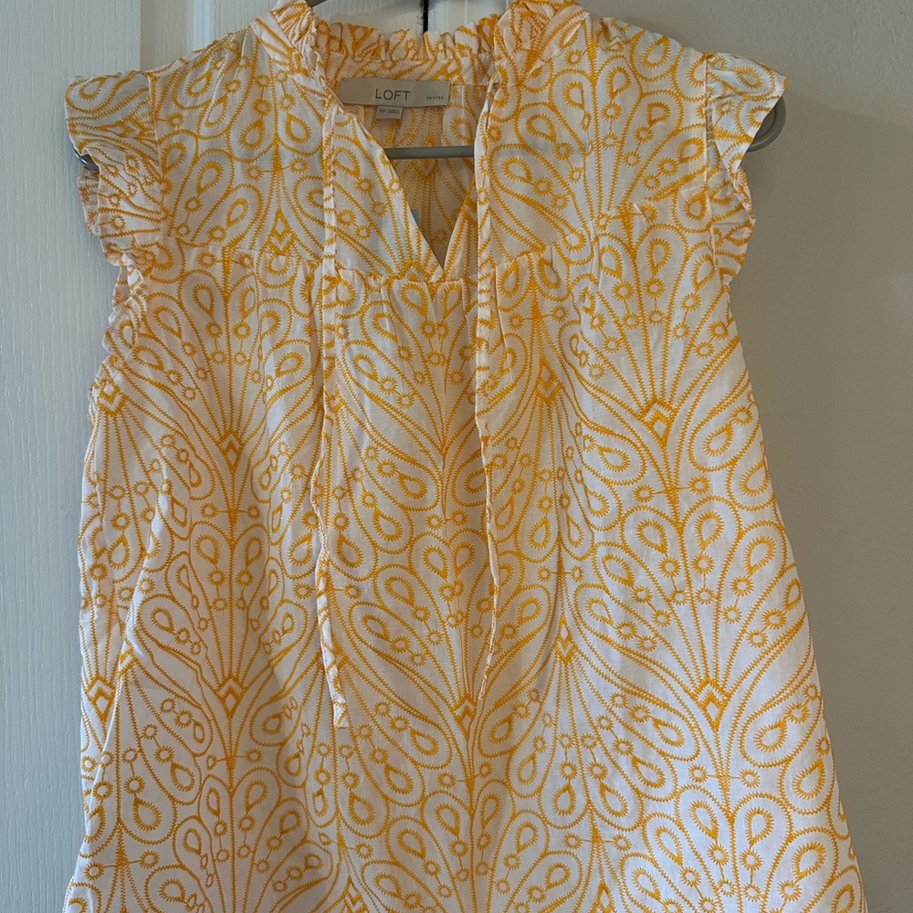LOFT White and Orange Patterned Flutter Sleeve Bl… - image 1